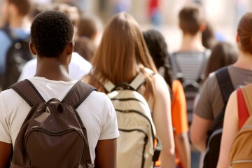 Obraz premium Diverse College Students Walking Through Campus, Sunny Day, Backpacks in Tow