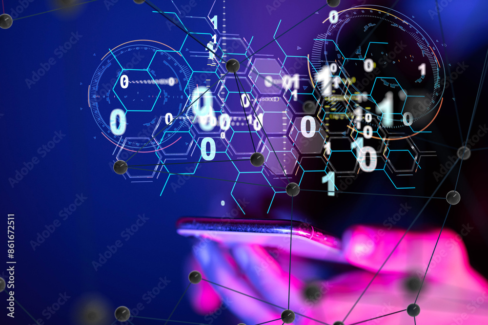 Poster Neural network 3D illustration. Big data and cybersecurity