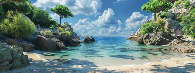 A tranquil coastal cove, with sandy beaches and calm waters perfect for swimming and snorkeling, surrounded by rocky cliffs and lush vegetation