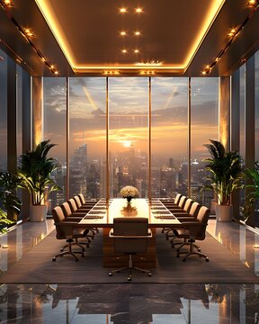 A high-end luxury boardroom where visionary senior executives meet to define leadership in an ever-changing business. The view outside is very beautiful. Suitable for use as inspiration for designers.