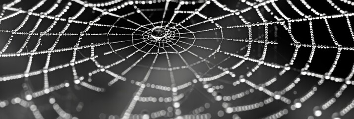 Obraz premium A closeup of a spider web revealing every intricate detail magnified by dew. Black and white art