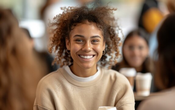 Diverse College Students Enjoying Lively Interaction in Campus Caf&eacute; - Young, Energetic, Casual Setting at Daytime