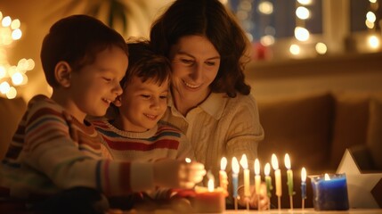 A mother and her two children together light candles during a holiday night, surrounded by festive lights in a cozy home environment.