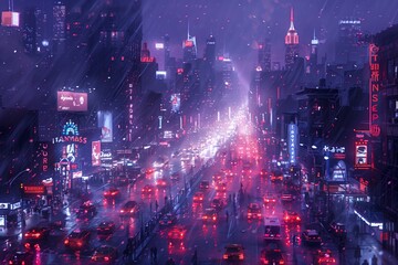 Obraz premium A Rainy Night in a Neon-Lit City With Traffic Flowing Down a Wide Avenue