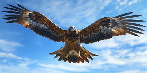 Obraz premium Magnificent Brown Eagle in Flight with Outstretched Wings Against a Blue Sky and Wispy Clouds in Stunning Photorealistic Detail