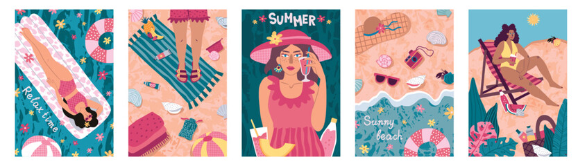 Summer postcards. Sea beach. Seaside relax. Art woman with watermelon on holiday vacation. Swimming pool sale poster. Seashore waves. Cute girl in bikini. Vector abstract banners set