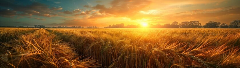 Obraz premium Golden wheat field at sunrise with vibrant colors and a clear sky, capturing the beauty of nature and agriculture in a panoramic view.