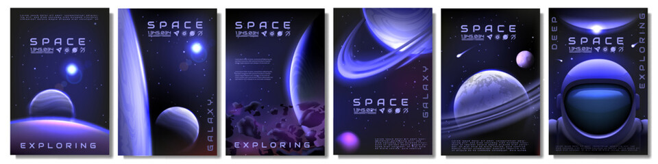 Space backgrounds. Galaxy exploration posters. Universe planets and stars. Astronaut spacesuit. Cartoon Earth in sky with colorful gradients. Cosmic discovery. Vector banners design set © SpicyTruffel