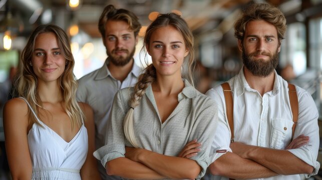 A professional stock photo of event planners in an event space, wearing professional event attire, in a coordinated environment, feeling organized