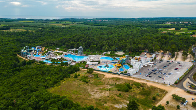 A breathtaking aerial view of Istralandia, the famous aquapark in Istria. This vibrant park is filled with exciting water slides, pools, and fun attractions captured by drone
