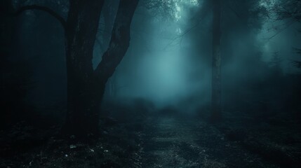 Obraz premium A mysterious and eerie dark forest scene with a trail leading into foggy depths, illuminated by a soft ominous glow, evoking a sense of intrigue and wonder.