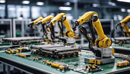 Advanced High Precision Robot Arms on Fully Automated PCB Assembly Line Inside Modern Electronics Factory. Electronic Devices Production Industry. Component Installation on Circuit Board