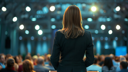 Businesswoman giving a speech at a conference, viewed from behind with audience and stage lights in the background, showcasing leadership.