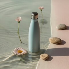 A blue water bottle with colorful flowers and rocks placed on a table, creating a serene and natural ambiance.