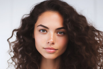 Naklejka premium Fresh and natural portrait of a brunette woman with curly hair, highlighting her beauty and youthful appearance in a clean, elegant style.