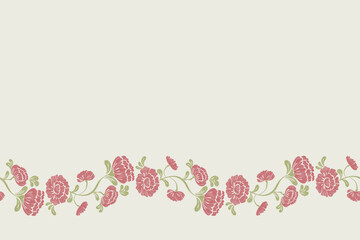 Peony floral pattern vintage ethnic modern embroidery texture boho design vector illustration hand drawn pink flower motif branches leaves wallpaper seamless background border. © Wita Pixs