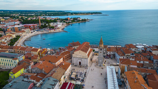 A stunning aerial view of Umag, a charming coastal town in Istria, Croatia. Known for its beautiful beaches, historic architecture, and vibrant marina, Umag offers a perfect blend of relaxation