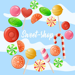 Sweets shop. Sugar desserts. Sky clouds. Yummy lollipops. Confection selling. Gummy candies. Caramel bonbons. Confectionery store. Yummy food. Cafe marketing. Vector shopping banner