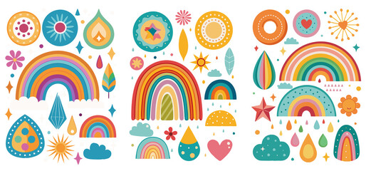 Transparent collection of boho illustrations, decorative details like dots, lines and geometric shapes