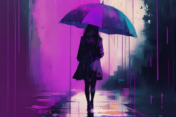 Silhouette of a lonely woman walking on a rainy road, purple glitch effect