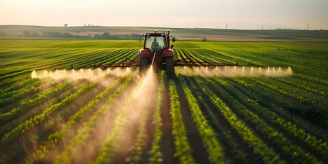 Pesticide Spraying Tractor in a Large Green Farm Field. Concept Farming Practices, Crop Care, Agricultural Machinery, Pest Control, Modern Agriculture