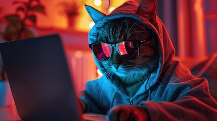 Funny cat in sunglasses working on the laptop in the night. Hacker in hoodie dark theme