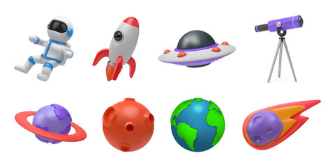 3d space icons. Rocket planet and moon, flying astronaut, star and spaceship in galaxy, earth astronomy science, telescope and comet. Cute cartoon isolated render elements. Vector illustration © SpicyTruffel