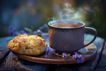 A steaming cup of herbal tea next to vegan buns with purple flower on a wooden stand close-up on a wooden board table
