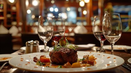 Gourmet restaurant on a cruise ship,  serving elegantly plated dishes and fine wines
