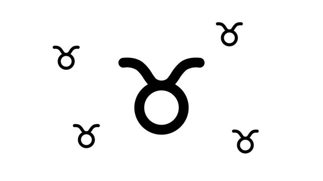 Zoom in and out animation the zodiac taurus symbol. Large black symbol in the center and four small symbols around. Seamless looped 4k animation on white background