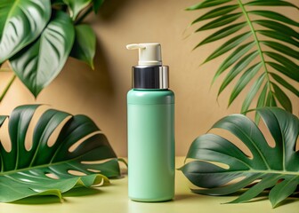Blank Bottle for beauty products Mockup with flowers