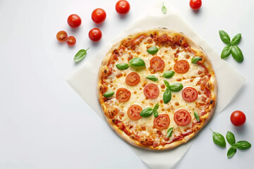 Baking paper with tasty Margarita pizza and basil isolated on white background top view. Pizza baking theme with space for text or inscriptions
