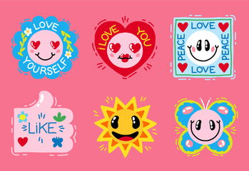 Cute patch. Love smile stickers. Y2K emoticons. Groovy girl pack. Vintage happy and girly cool badges. Funny pop art. Doodle emoji labels. Positive expression. Vector design icons set