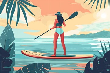 Obraz premium Woman Paddleboarding on Calm Ocean Waters at Sunset