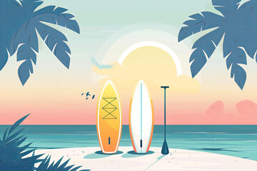 Range of Paddle Boards Resting in the Palms. Website Banner Concept