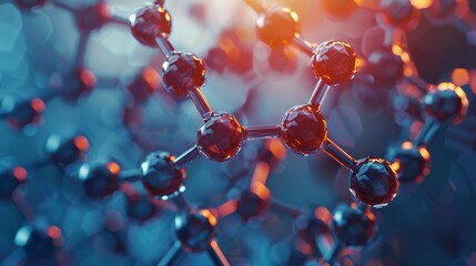Dynamic representation interconnected molecular structures, vibrant blue orange hues. Depicts complexity molecular interactions, emphasizing importance in pharmaceutical studies research.