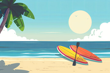 Tropical Summer Paddle Boards and Surfboards Illustration With Palms