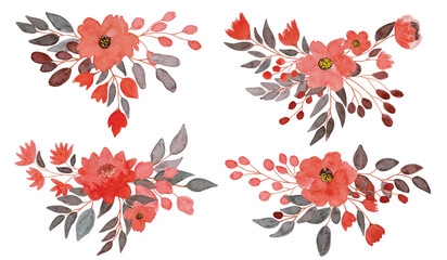 Set of floral branch. flower red rose, green leaves. flower arrangement collection with watercolor. red flower bouquets, leaf branches, wedding, ornament, invite. greeting card, invitation