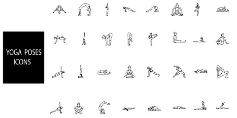 Set of 32 outline Yoga icons.Yoga line icons set.Vector illustration.