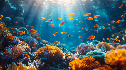 Sun rays illuminating the ocean floor with a large school of fish swimming over a colorful coral reef