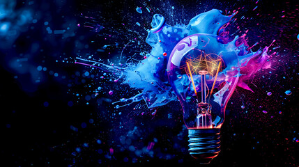Light bulb exploding with colorful paint splashing