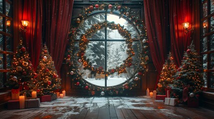 Obraz premium Decorated Christmas Trees and a Snowy Winter Scene Through a Round Window