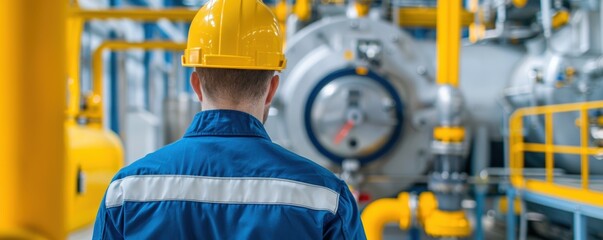 Factory Worker in Blue Uniform and Hard Hat. The image depicts a factory worker from behind, wearing a blue uniform and a yellow hard hat, standing in an industrial environment with machinery.