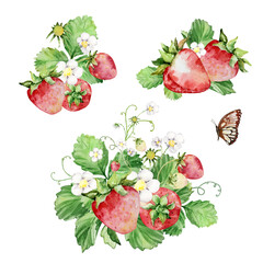 Watercolor strawberry bush with flowers and butterfly set