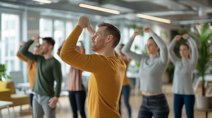 Employees participating in a group stretching exercise in the office