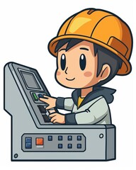A cute cartoon Style ofA close-up of a machine operator using a touch screen interface