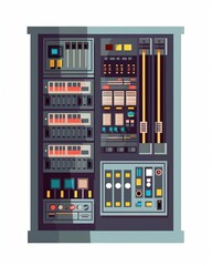 A cute cartoon Style ofA close-up of a PLC Programmable Logic Controller in a factory