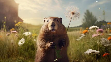 A groundhog holding a dandelion