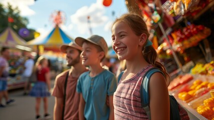 Three children are smiling and enjoying themselves at an outdoor fair with colorful booths and attractions under a bright sky, full of excitement and joy.