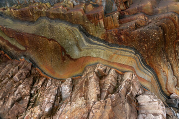 Natural rock texture of a colorful rock formations in silence beach (playa del Silencio) in Asturias, north of Spain.